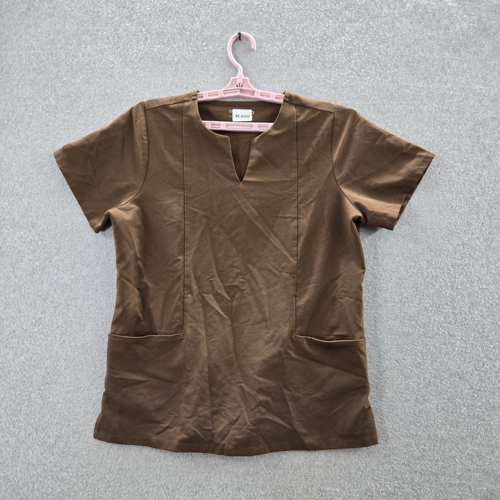 Mandala Women Scrub Top‎ M Brown Short Sleeve V Neck Pockets Polyester Rayon